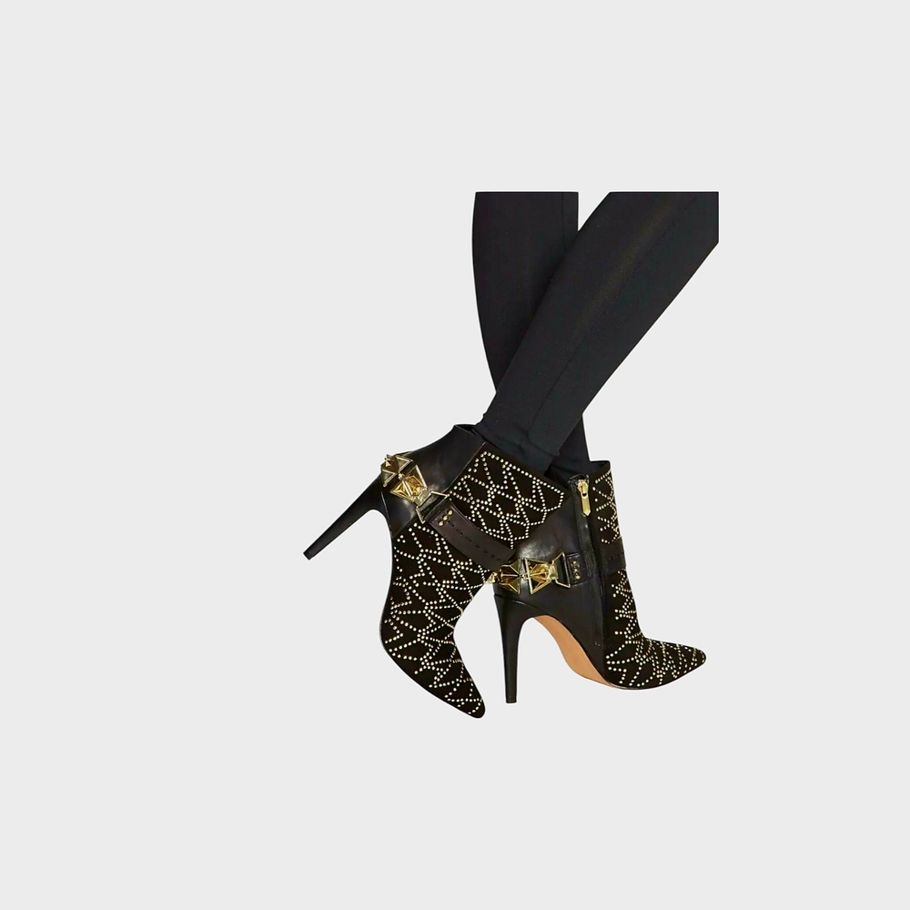 Sold!!!am Edelman sz.6 Studded Black and Gold Leather/Suede Women's Ankle Boots - Picture 1 of 16